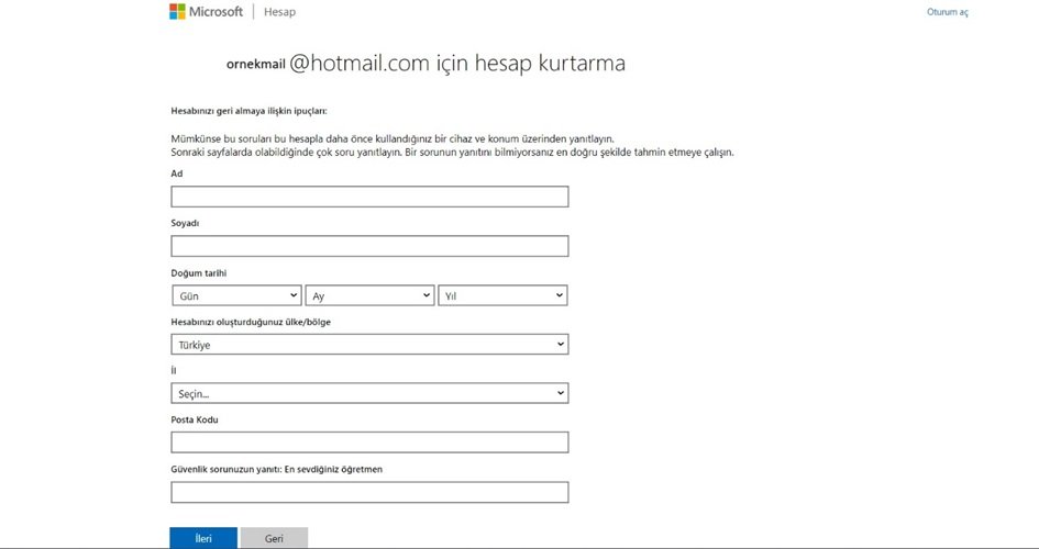 Hotmail Hesap Kurtarma Formu